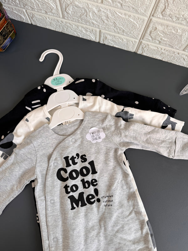 3 pk black/grey cotton sleepsuit