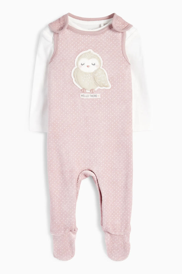 Owl pink dungrees set