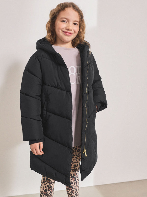 Black Regular Length Shower Resistant Faux Fur Lined Hooded Padded Coat (3-16yrs)