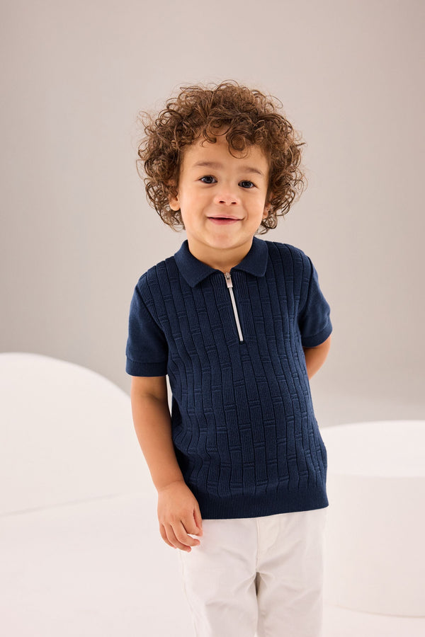 Navy Polo Short Sleeve Zip Neck Sweater (3mths-7yrs)