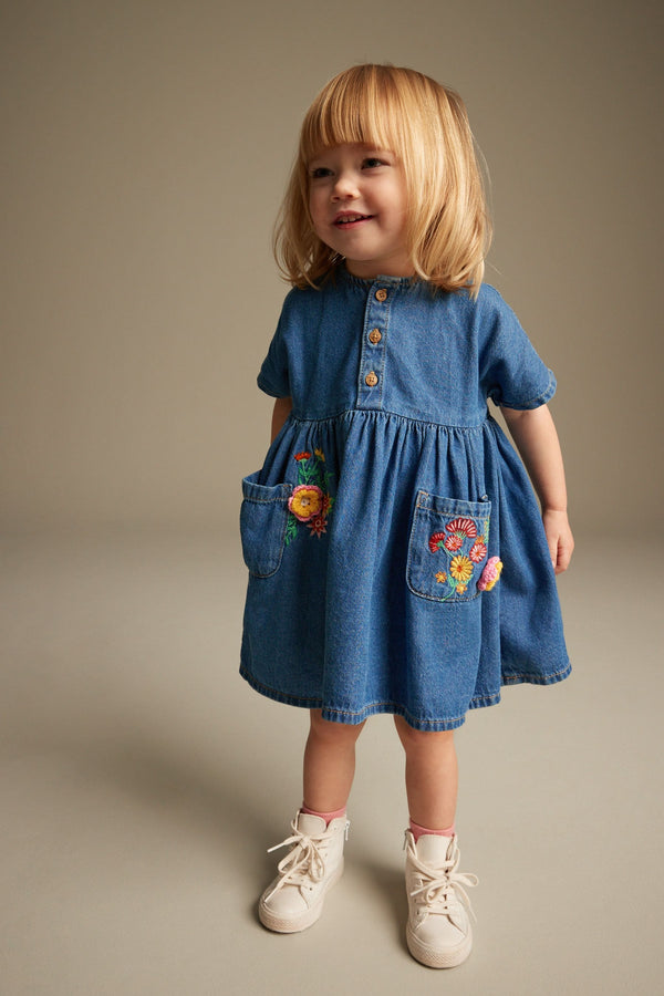 Blue Denim Embroidered Relaxed 100% Cotton Dress (3mths-8yrs)