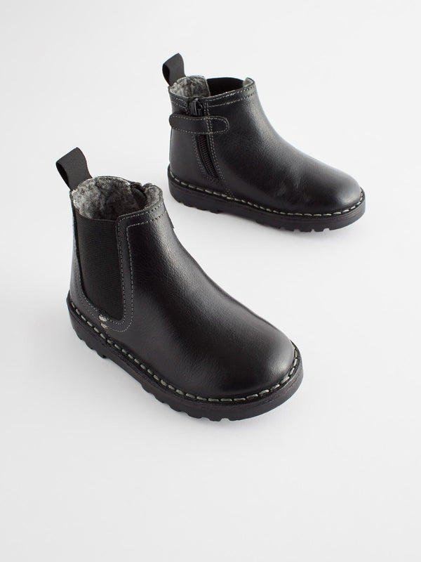 Black Wide Fit (G) Warm Lined Leather Chelsea Boots