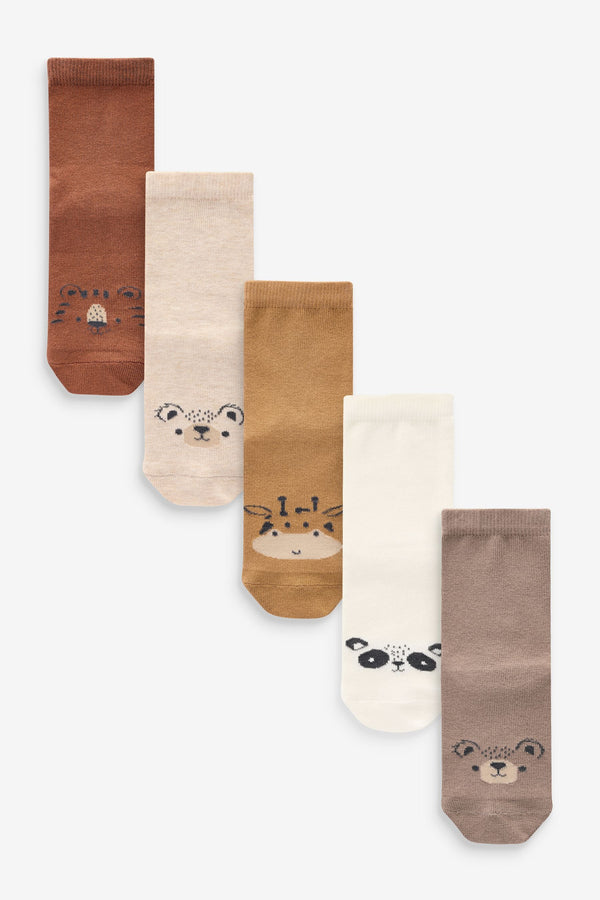 Neutral Animal Face Print Cotton Rich Socks 5 Pack