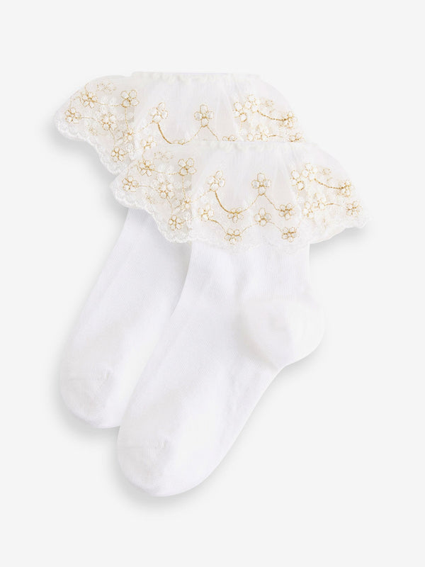 White 2 Pack Cotton Rich Flower Girl Ruffle Ankle Socks