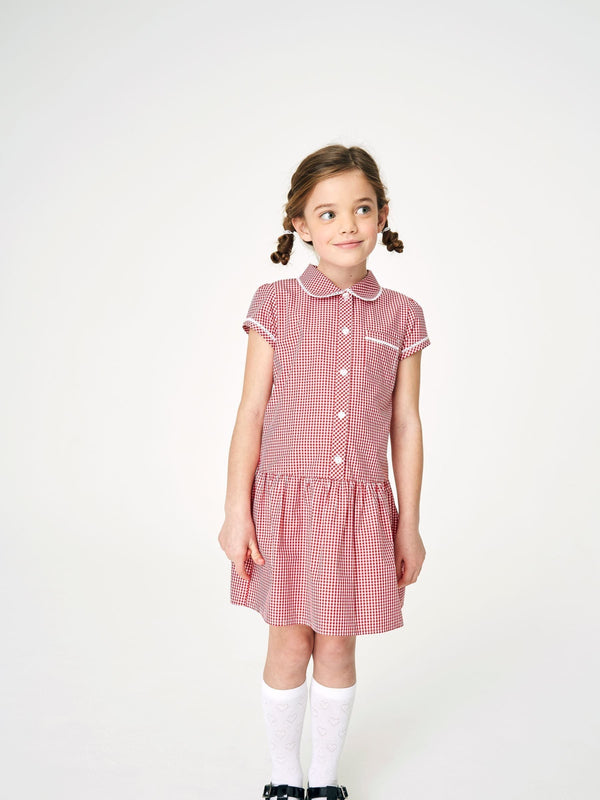 Red Cotton Rich Drop Waist Gingham School Dress (3-14yrs)