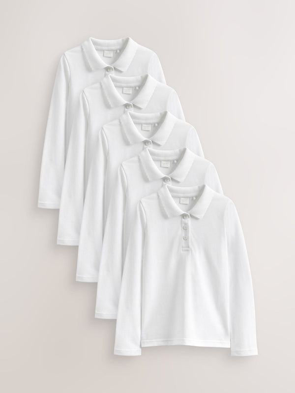 White Slim Fit 5 Pack 100% Cotton Long Sleeve School Polo Shirts (3-16yrs)