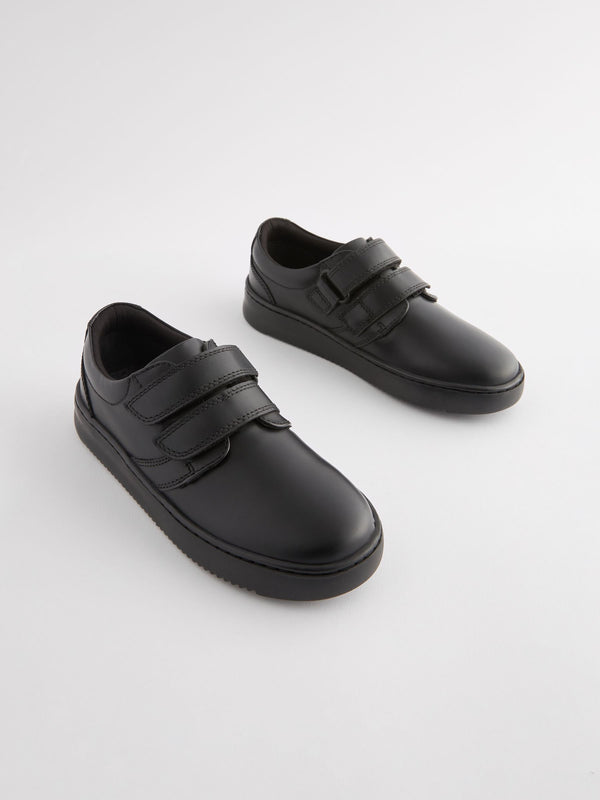 Black Black Leather Double Strap School Shoes