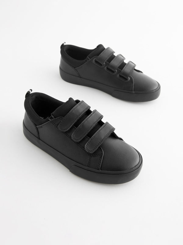 Black Standard Fit (F) Leather 3 Strap Touch Fastening School Shoes