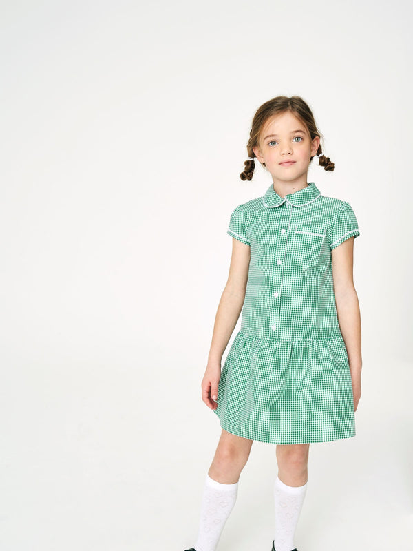 Green Cotton Rich Drop Waist Gingham School Dress (3-14yrs)