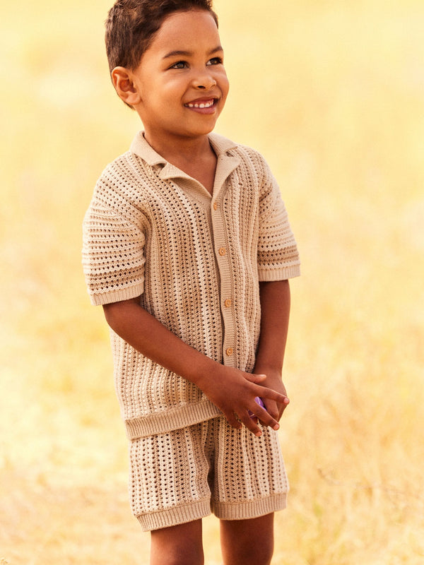 Neutral Crochet Short Sleeve Shirt and Shorts Set (3mths-10yrs)