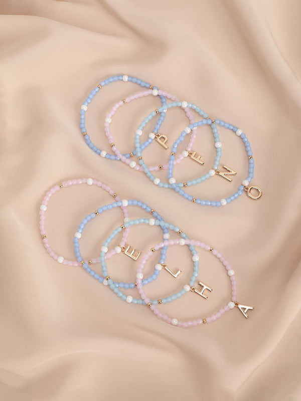 Gold Tone Inital Pastel Stretch Beaded Bracelet Letter