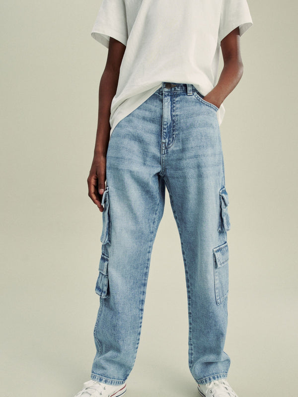 Bleach Wash 100% Cotton Denim Multipocket Cargo Jeans (3-16yrs)