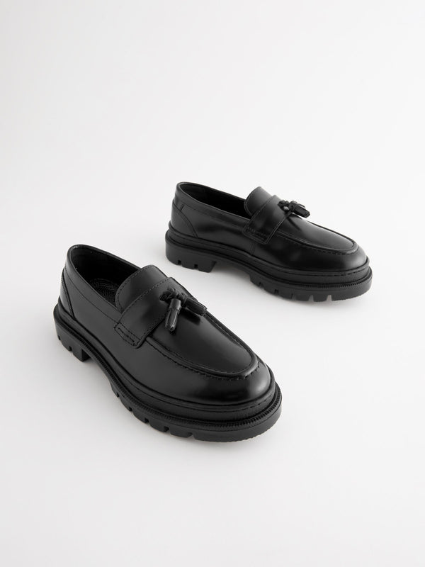 Black Leather Tassle Loafer School Shoes