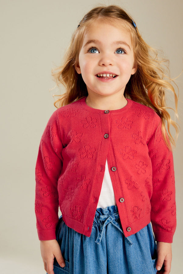 Red 100% Cotton Flower Pointelle Cardigan (3mths-10yrs)