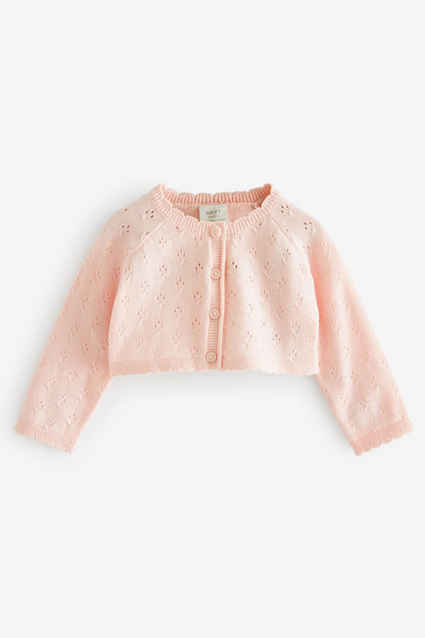 Pink Baby Pointelle Shrug Knitted 100% Cotton Cardigan (0mths-2yrs)