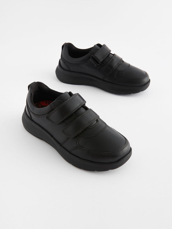 Black Wide Fit (G) Leather 2 Strap Touch Fastening School Shoes