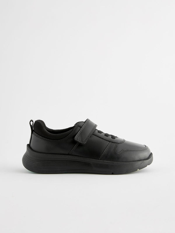 Black Wide Fit (G) Leather 1 Strap Elastic Lace School Shoes