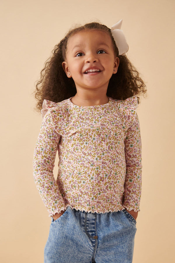 Floral Cotton Rich Long Sleeve Ribbed Frill T-Shirt (3mths-7yrs)