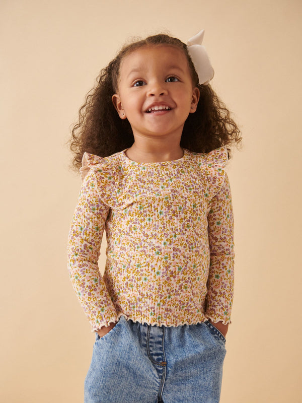 Floral Cotton Rich Long Sleeve Ribbed Frill T-Shirt (3mths-7yrs)