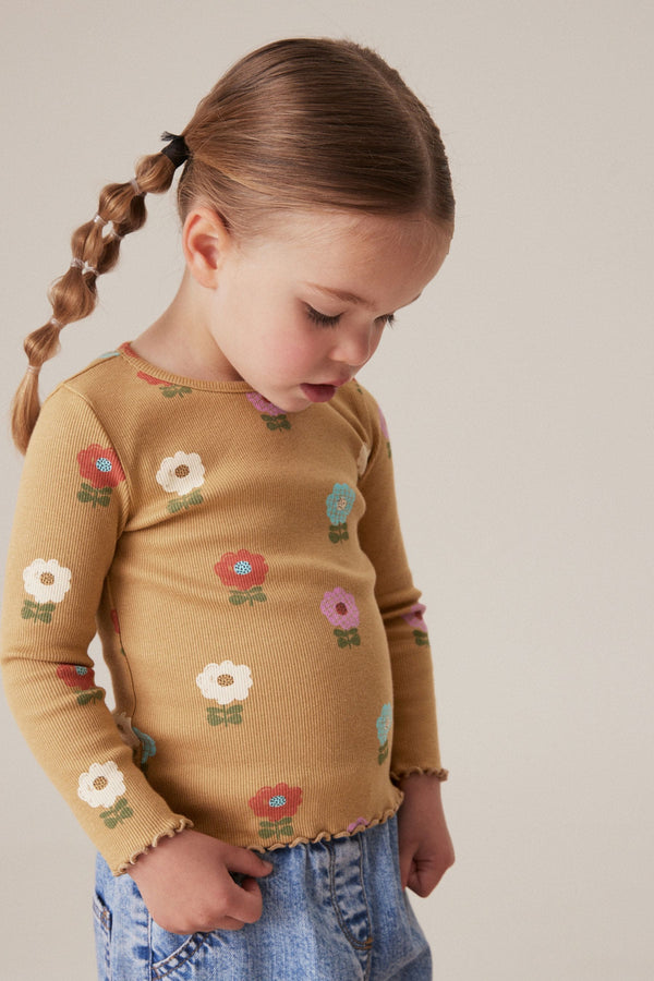 Ochre Pastel Flowers Cotton Rich Long Sleeve Rib T-Shirt (3mths-7yrs)