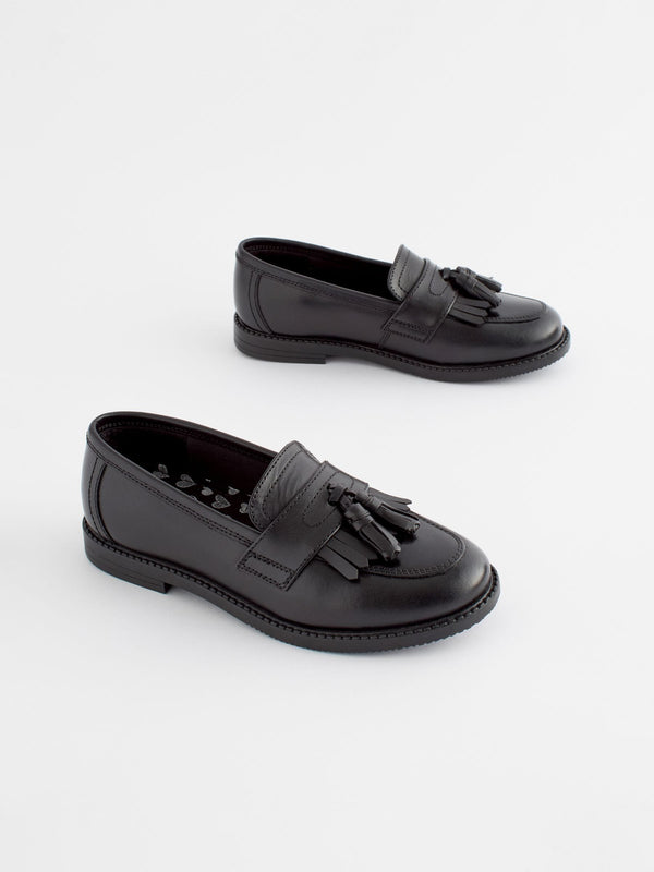 Matt Black Wide Fit (G) Leather Tassel Loafer School Shoes