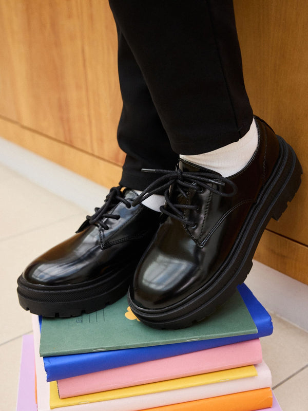 Black Lace Up Chunky School Shoes
