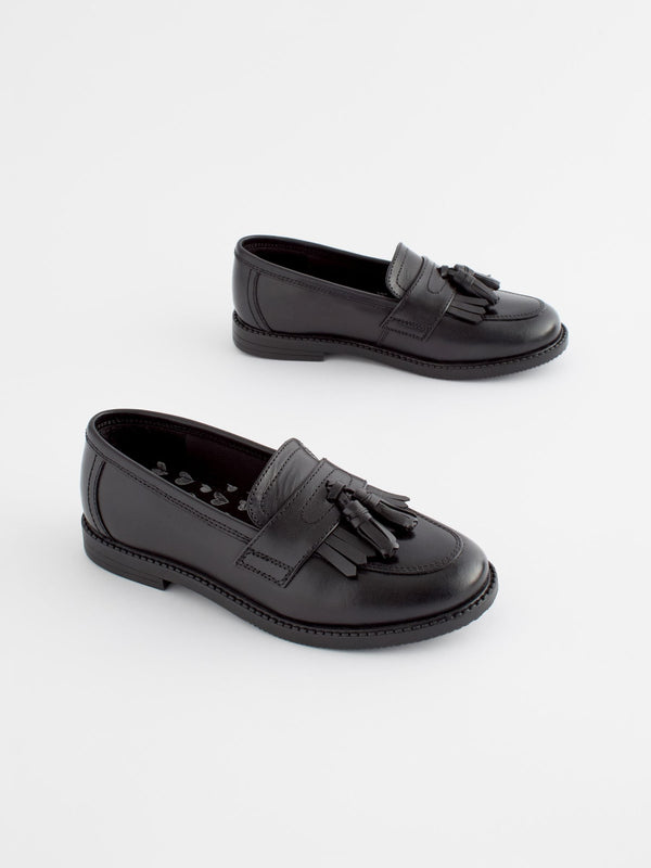Matt Black Standard Fit (F) Leather Tassel Loafer School Shoes