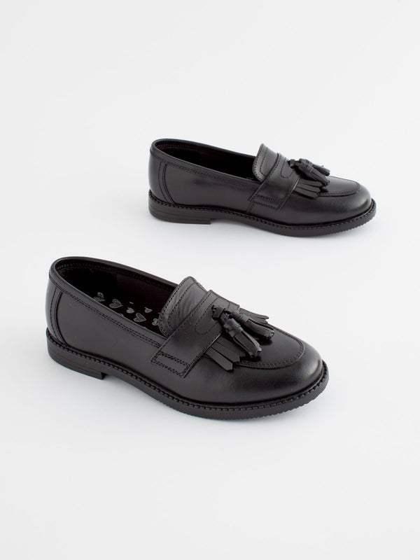Matt Black Narrow Fit (E) Leather Tassel Loafer School Shoes