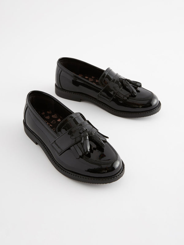 Black Patent Narrow Fit (E) Leather Tassel Loafer School Shoes