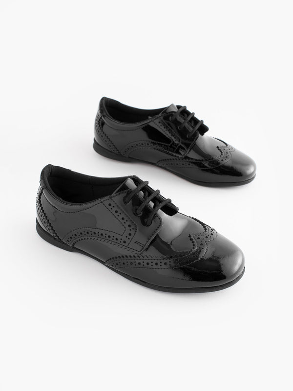 Black Patent Narrow Fit (E) Leather Brogue Lace-Up School Shoes