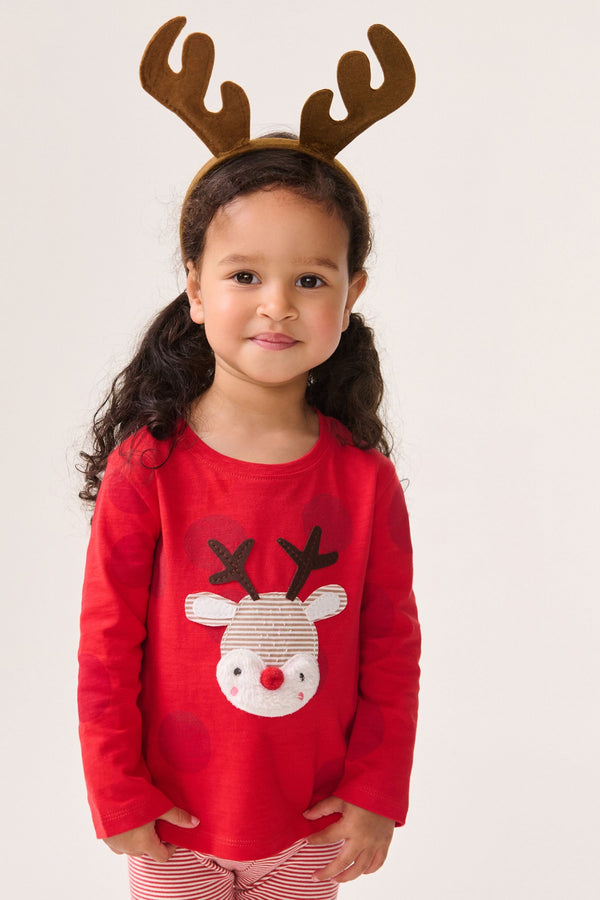 Red Applique Christmas Reindeer 100% Cotton Long Sleeve T-Shirt (3mths-7yrs)