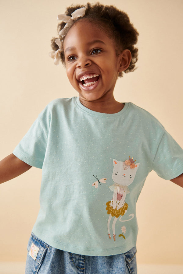 Green Pretty Cat 100% Cotton Short Sleeve T-Shirt (3mths-7yrs)