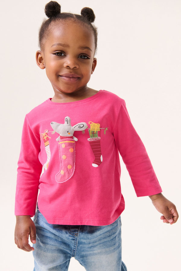 Pink Christmas Padded Mouse 100% Cotton Long Sleeve T-Shirt (3mths-7yrs)