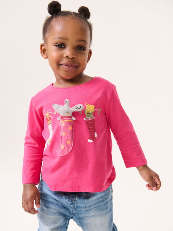 Pink Christmas Padded Mouse 100% Cotton Long Sleeve T-Shirt (3mths-7yrs)