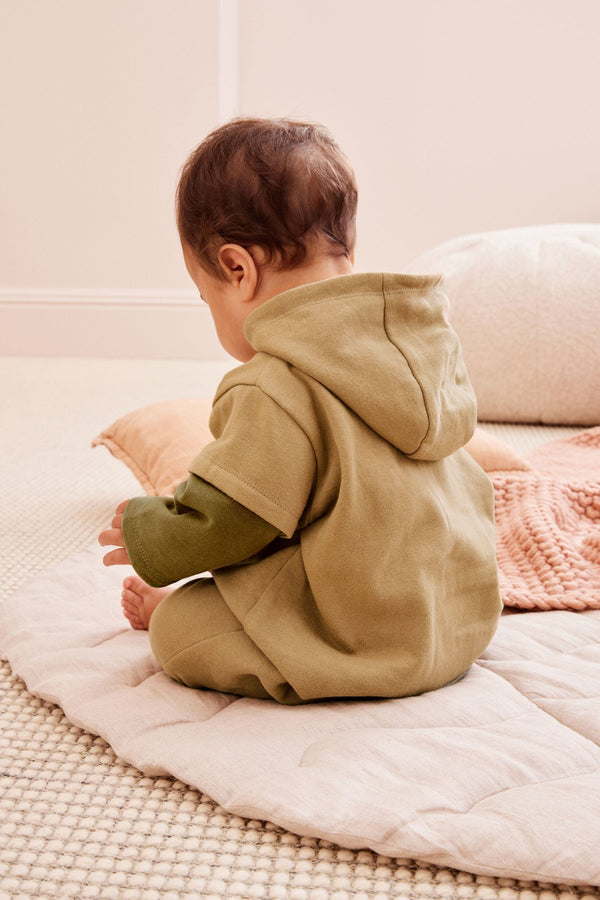 Khaki Green Cosy Sweat Jersey Baby Hooded Romper