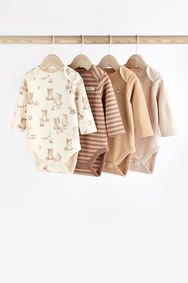 Tan Brown Bear Baby Long Sleeve Bodysuits 4 Pack (immediate)