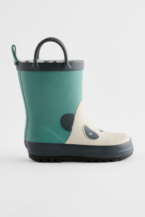 Blue/Cream Panda Handle Pull-On Wellies