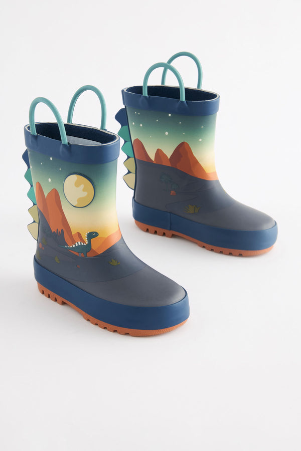 Navy Dinosaur Scene Handle Pull-On Wellies