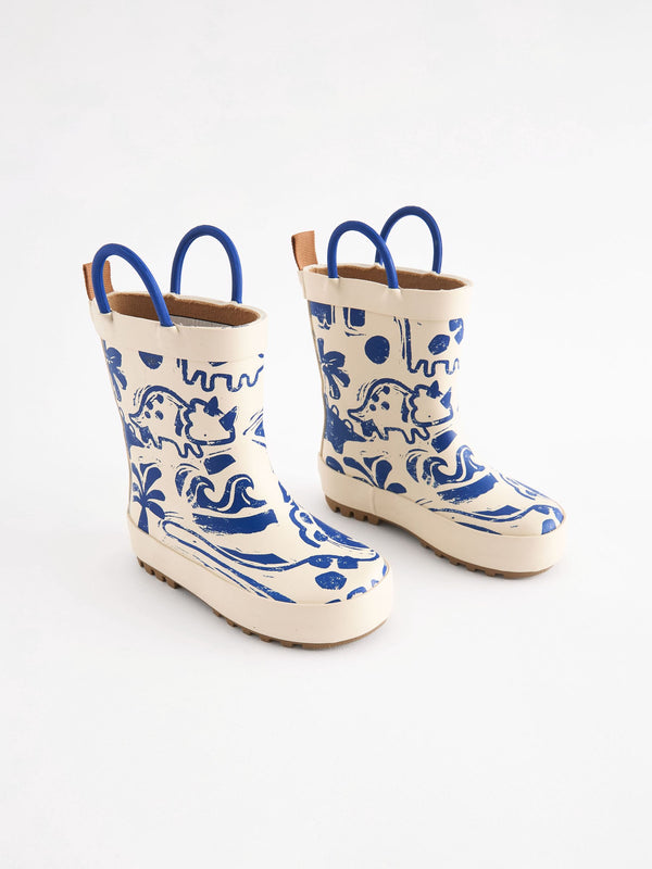 Cream Dinosaur Handle Pull-On Wellies