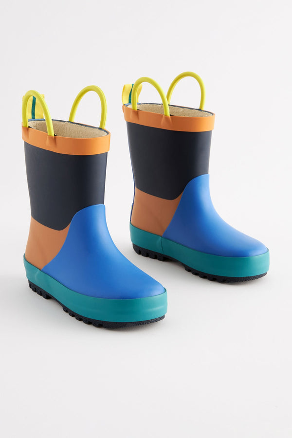 Blue/Orange Colourblock Handle Pull-On Wellies