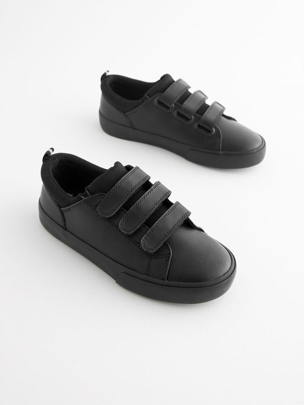 Black Wide Fit (G) Leather 3 Strap Touch Fastening School Shoes