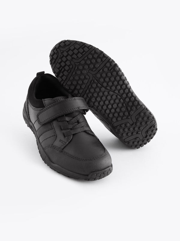 Black Standard Fit (F) School Leather Elastic Lace Shoes