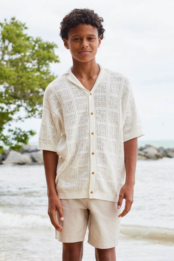 White 100% Cotton Short Sleeve Textured Knit Shirt (3-16yrs)