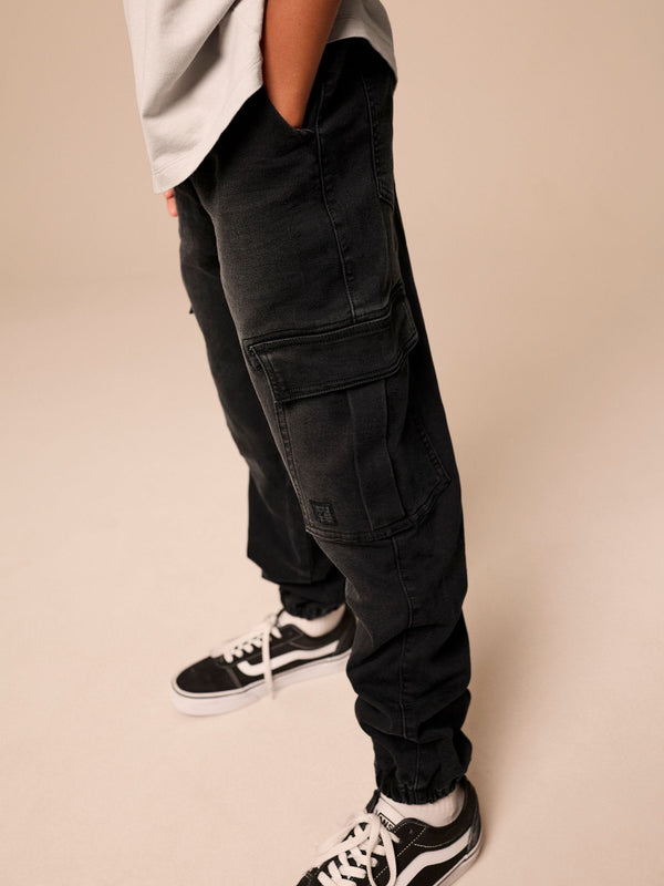 Black Cargo Jeans With Elasticated Waist (3-16yrs)
