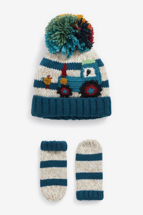 Blue/Ecru Tractor Hat and Mitten Set(immediate)