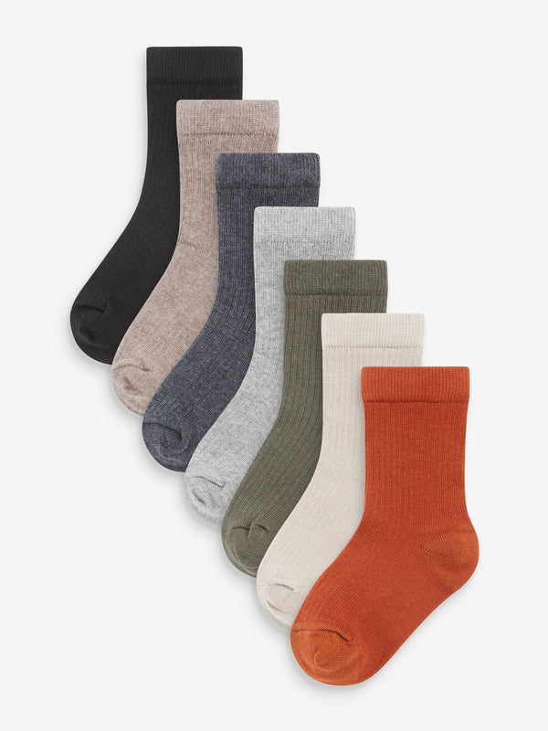 Khaki Green/Grey Cotton Rich Fine Rib Socks 7 Pack