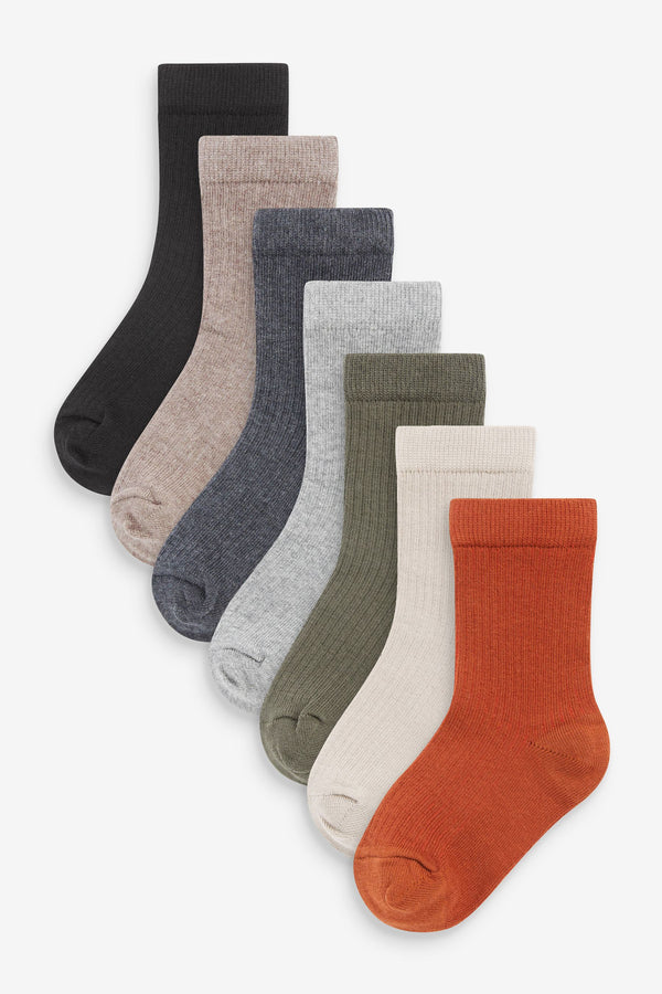 Khaki Green/Grey Cotton Rich Fine Rib Socks 7 Pack