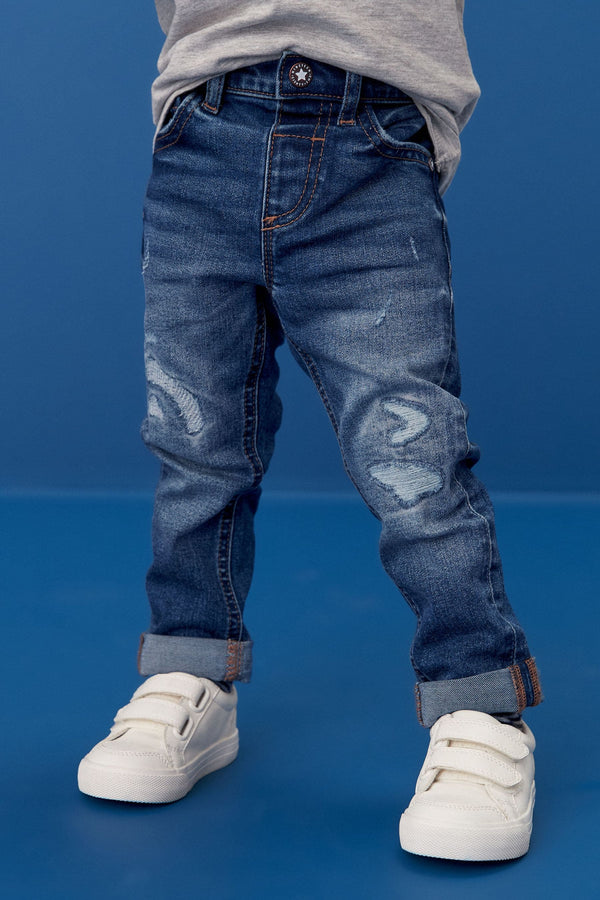 Mid Blue Denim 100% Cotton Distressed Jeans (3mths-7yrs)