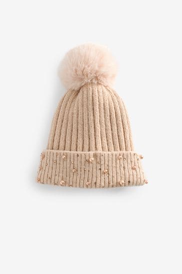 Beige Pearl Pom Beanie