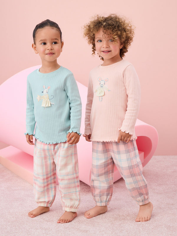 Pink/Blue Mouse Woven Bottoms Pyjamas 2 Pack (9mths-10yrs)